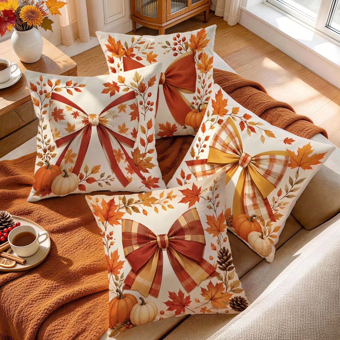 4pcs Autumn Plaid Bow & Pumpkin Pattern Single-Sided Printed Pillow Covers/Cushion Covers, Multi-Scene Atmosphere Decorative Pillow Covers Suitable For Living Room, Sofa, Bedroom, Pillow Insert Not In