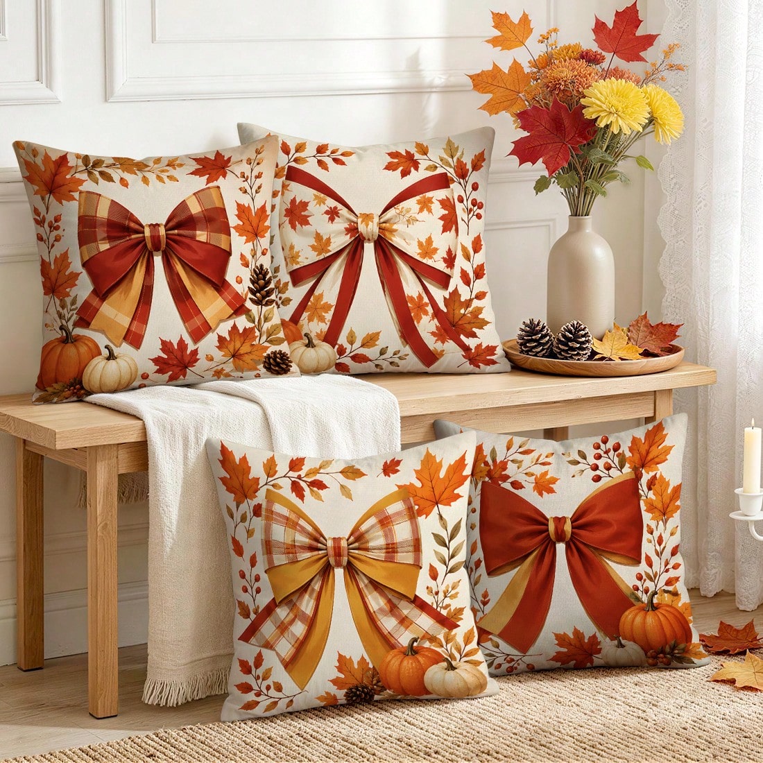 4pcs Autumn Plaid Bow & Pumpkin Pattern Single-Sided Printed Pillow Covers/Cushion Covers, Multi-Scene Atmosphere Decorative Pillow Covers Suitable For Living Room, Sofa, Bedroom, Pillow Insert Not In