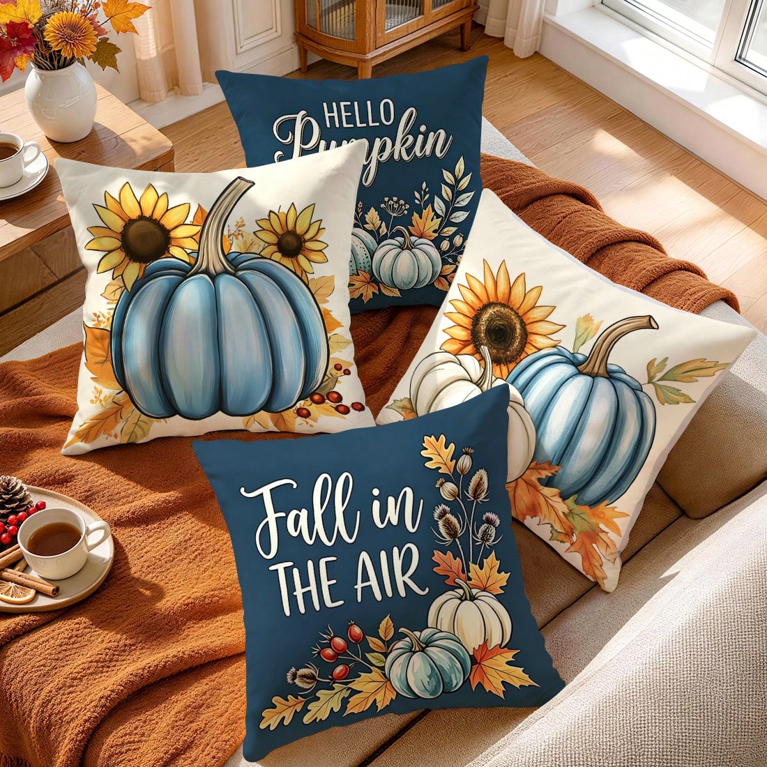 4pcs Autumn Pumpkin Pattern Pillow Covers Without Inserts, Single-Sided Printed Pillow Covers, Suitable For Living Room, Bedroom, Home Decor, All-Season Pillow Covers