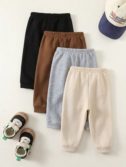 4pcs Baby Boy Girl Cute Autumn/Winter Casual Versatile Solid Color Elastic Waist Long Pants Set, Joggers Multi-Pack Back-To-School