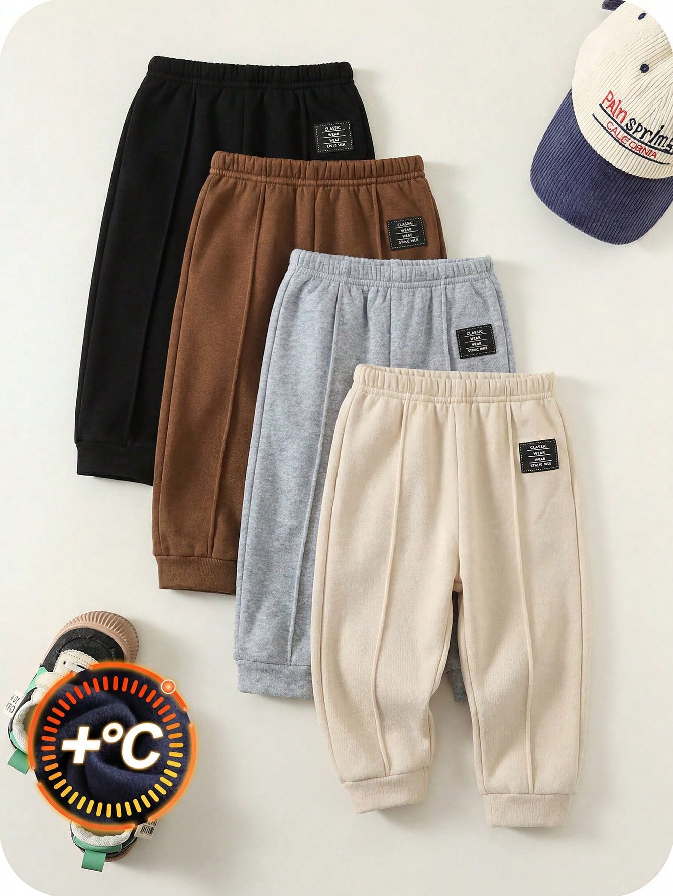 4pcs Baby Boy Girl Cute Autumn/Winter Casual Versatile Solid Color Elastic Waist Long Pants Set, Joggers Multi-Pack Back-To-School
