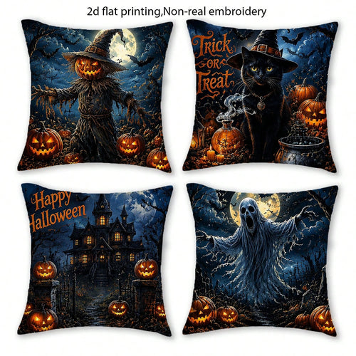 4pcs, Black Cats And Owls, Houses, Moon, Warm And Comfortable, Beautiful And Practical, Suitable For Home Sofa Decoration, Home Accessories, Bedroom Zipper Pillowcase (Without Pillow Core)