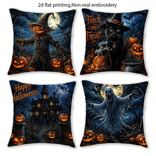 4pcs, Black Cats And Owls, Houses, Moon, Warm And Comfortable, Beautiful And Practical, Suitable For Home Sofa Decoration, Home Accessories, Bedroom Zipper Pillowcase (Without Pillow Core)