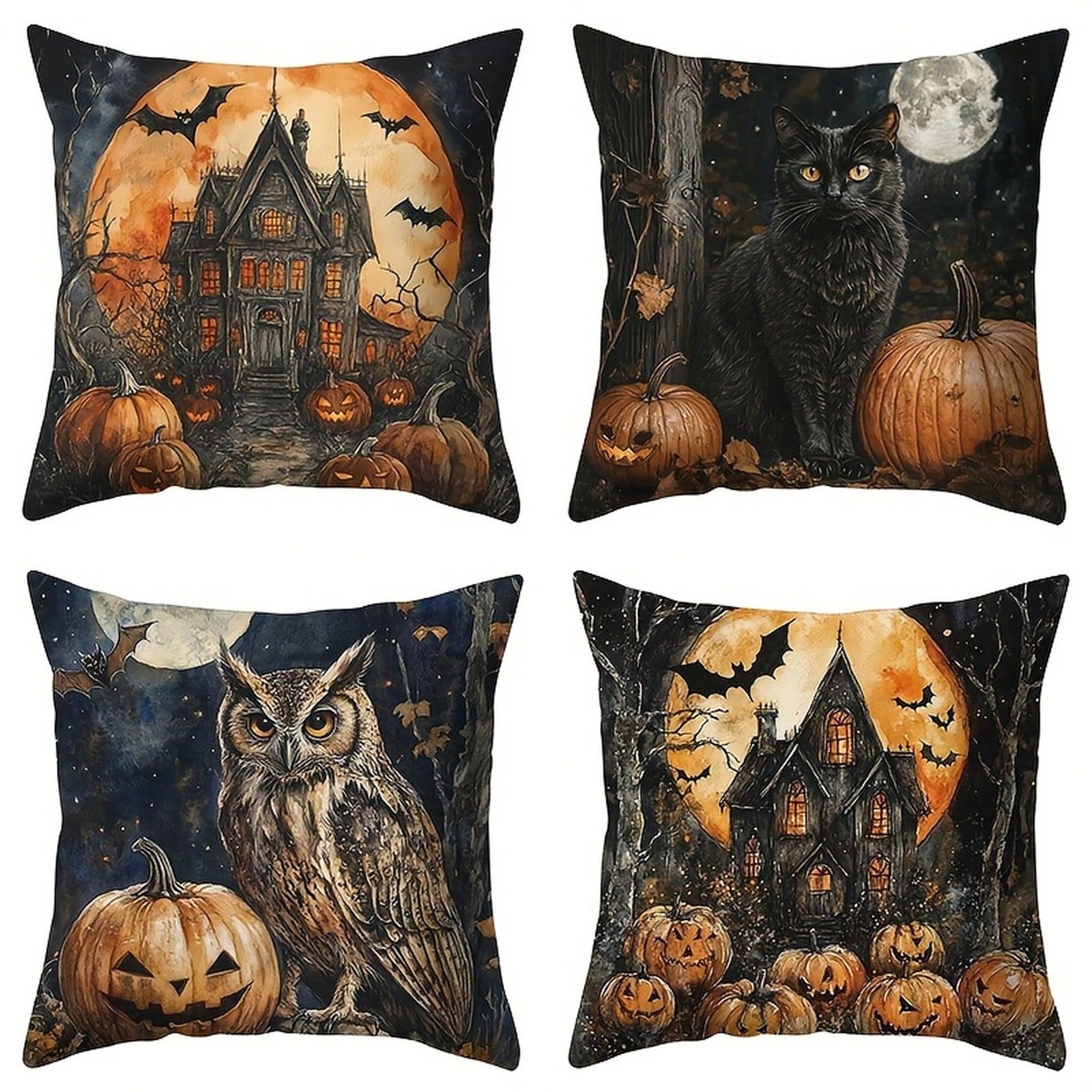 4pcs, Black Cats And Owls, Houses, Moon, Warm And Comfortable, Beautiful And Practical, Suitable For Home Sofa Decoration, Home Accessories, Bedroom Zipper Pillowcase (Without Pillow Core)