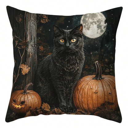 4pcs, Black Cats And Owls, Houses, Moon, Warm And Comfortable, Beautiful And Practical, Suitable For Home Sofa Decoration, Home Accessories, Bedroom Zipper Pillowcase (Without Pillow Core)