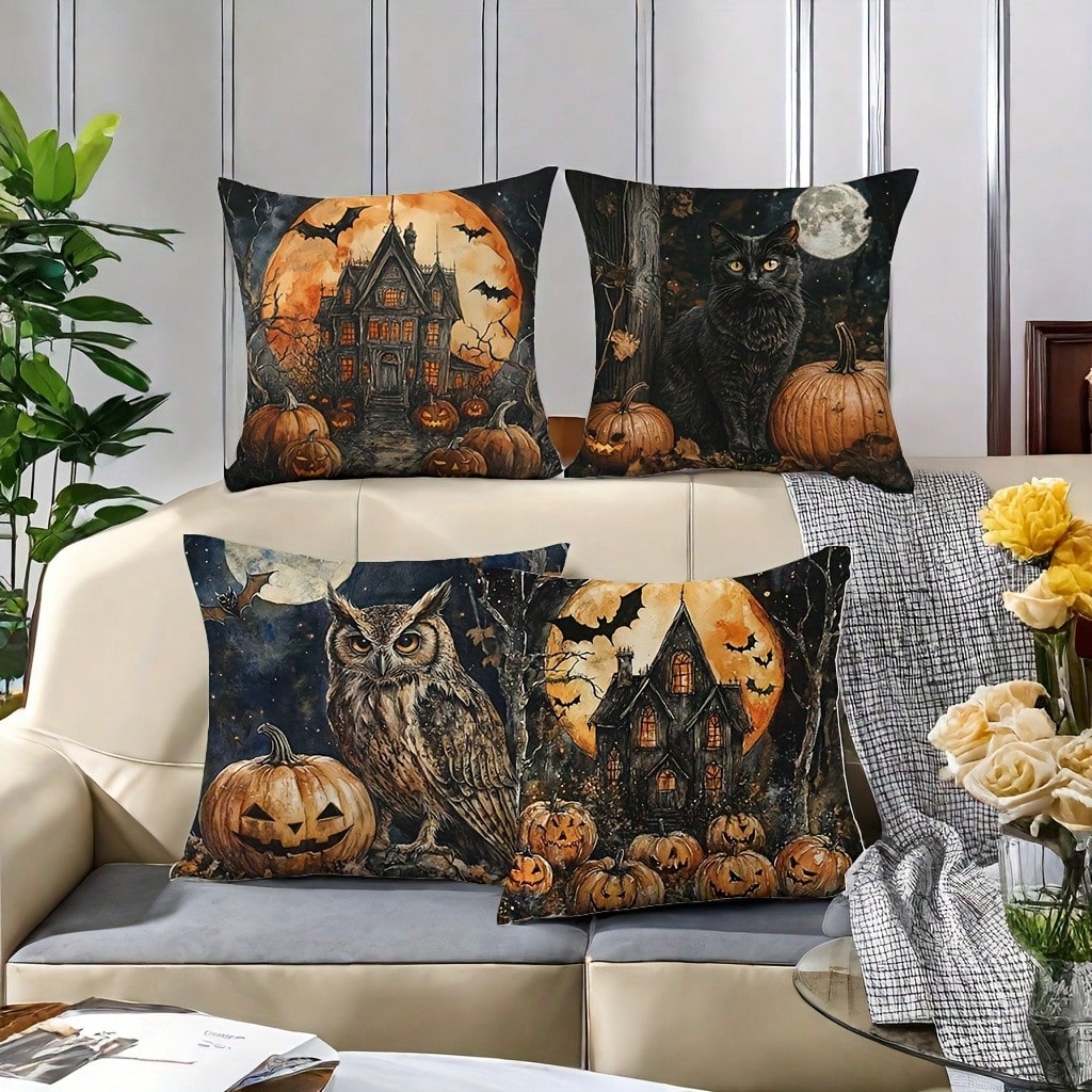 4pcs, Black Cats And Owls, Houses, Moon, Warm And Comfortable, Beautiful And Practical, Suitable For Home Sofa Decoration, Home Accessories, Bedroom Zipper Pillowcase (Without Pillow Core)