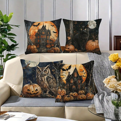 4pcs, Black Cats And Owls, Houses, Moon, Warm And Comfortable, Beautiful And Practical, Suitable For Home Sofa Decoration, Home Accessories, Bedroom Zipper Pillowcase (Without Pillow Core)