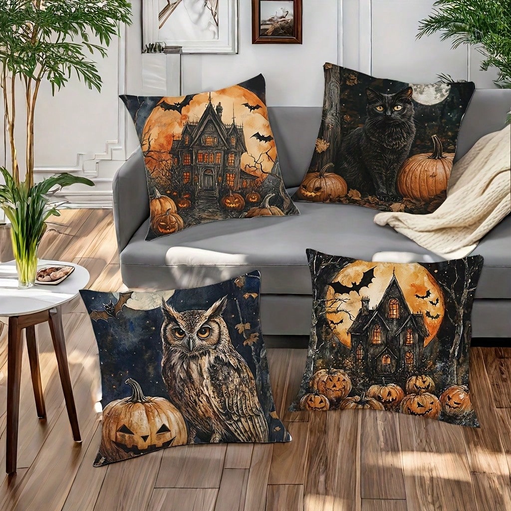 4pcs, Black Cats And Owls, Houses, Moon, Warm And Comfortable, Beautiful And Practical, Suitable For Home Sofa Decoration, Home Accessories, Bedroom Zipper Pillowcase (Without Pillow Core)
