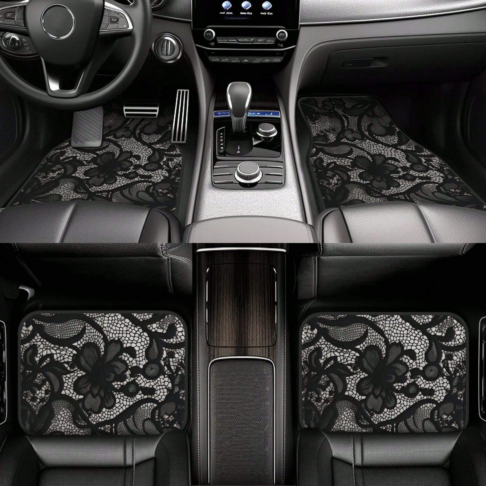 4pcs Black Lace Pattern Car Floor Mats| Stylish, Easy To Clean, Universal Fit For All Vehicle Models, Durable Polyester Fiber, Long Lasting Protection, Enhances Driving Pleasure, Perfect Gift For