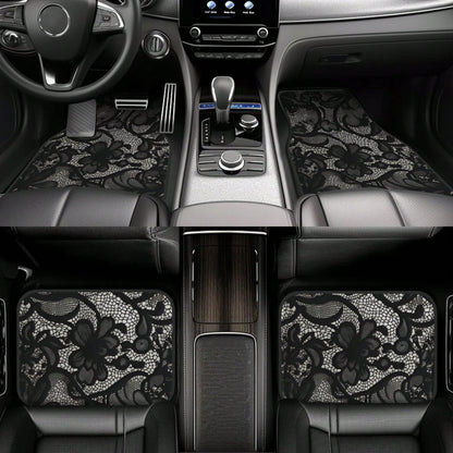 4pcs Black Lace Pattern Car Floor Mats| Stylish, Easy To Clean, Universal Fit For All Vehicle Models, Durable Polyester Fiber, Long Lasting Protection, Enhances Driving Pleasure, Perfect Gift For
