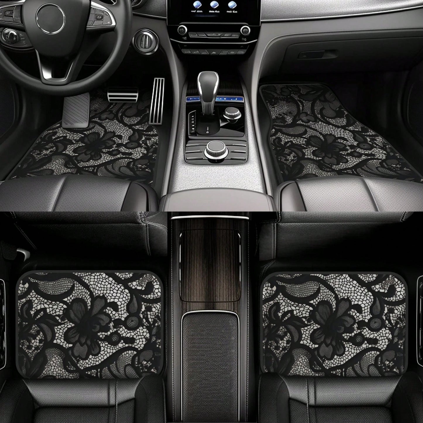 4pcs Black Lace Pattern Car Floor Mats| Stylish, Easy To Clean, Universal Fit For All Vehicle Models, Durable Polyester Fiber, Long Lasting Protection, Enhances Driving Pleasure, Perfect Gift For