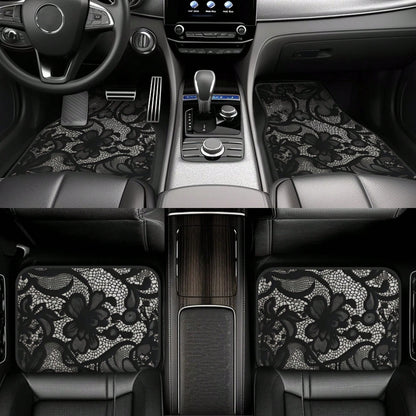 4pcs Black Lace Pattern Car Floor Mats| Stylish, Easy To Clean, Universal Fit For All Vehicle Models, Durable Polyester Fiber, Long Lasting Protection, Enhances Driving Pleasure, Perfect Gift For