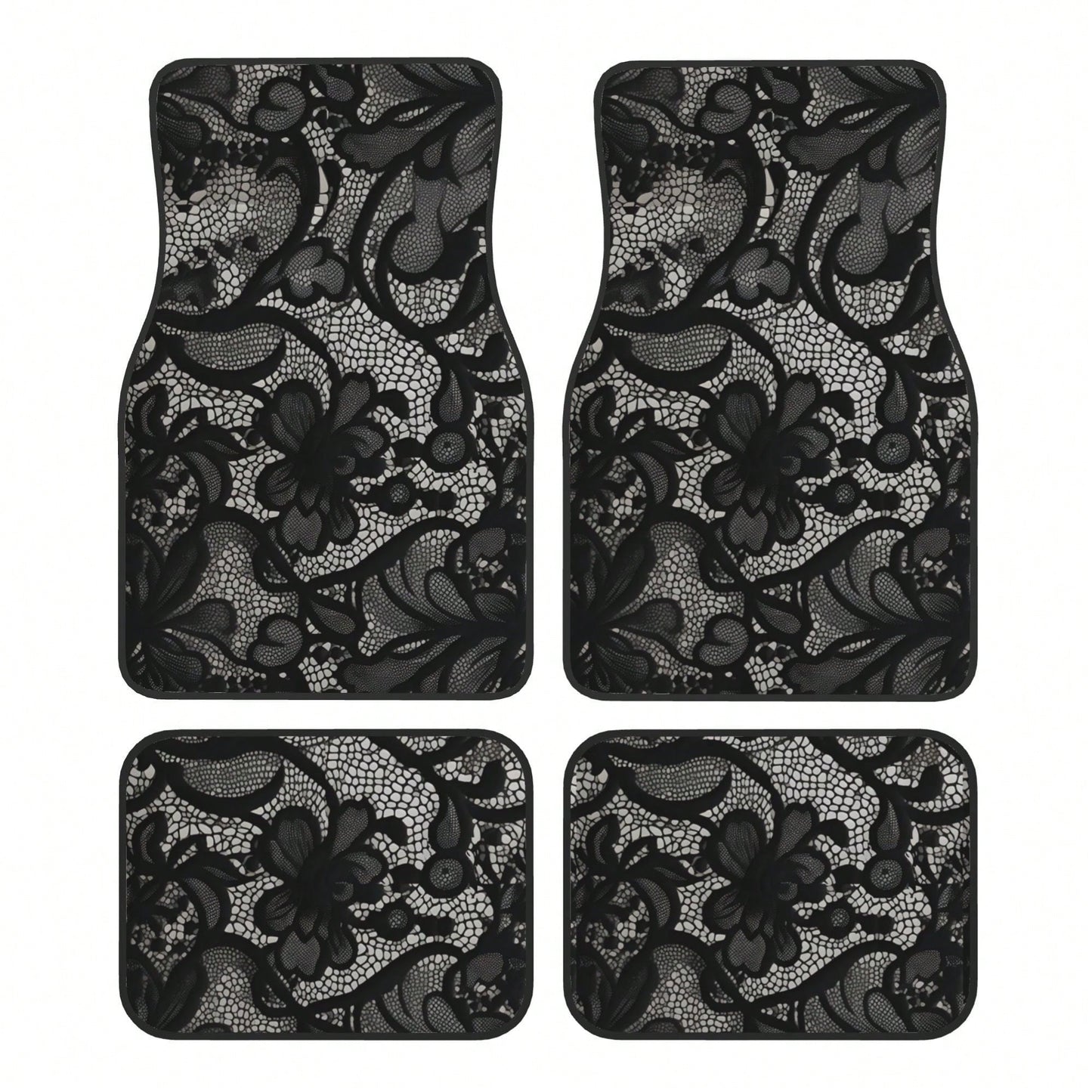 4pcs Black Lace Pattern Car Floor Mats| Stylish, Easy To Clean, Universal Fit For All Vehicle Models, Durable Polyester Fiber, Long Lasting Protection, Enhances Driving Pleasure, Perfect Gift For