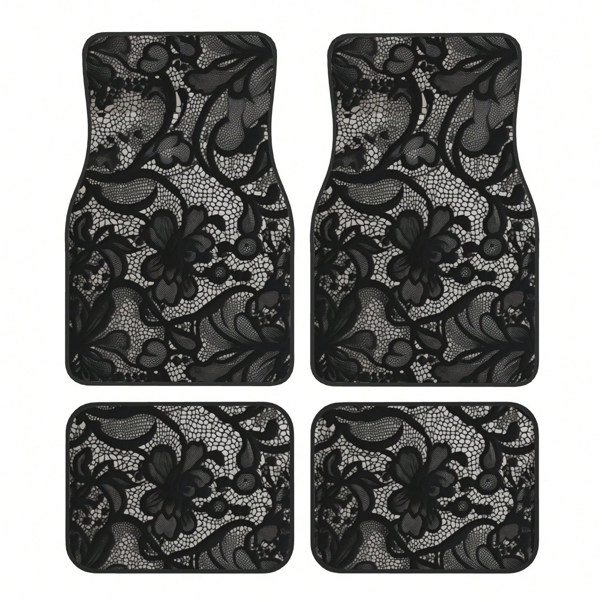 4pcs Black Lace Pattern Car Floor Mats| Stylish, Easy To Clean, Universal Fit For All Vehicle Models, Durable Polyester Fiber, Long Lasting Protection, Enhances Driving Pleasure, Perfect Gift For