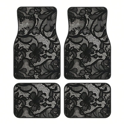 4pcs Black Lace Pattern Car Floor Mats| Stylish, Easy To Clean, Universal Fit For All Vehicle Models, Durable Polyester Fiber, Long Lasting Protection, Enhances Driving Pleasure, Perfect Gift For