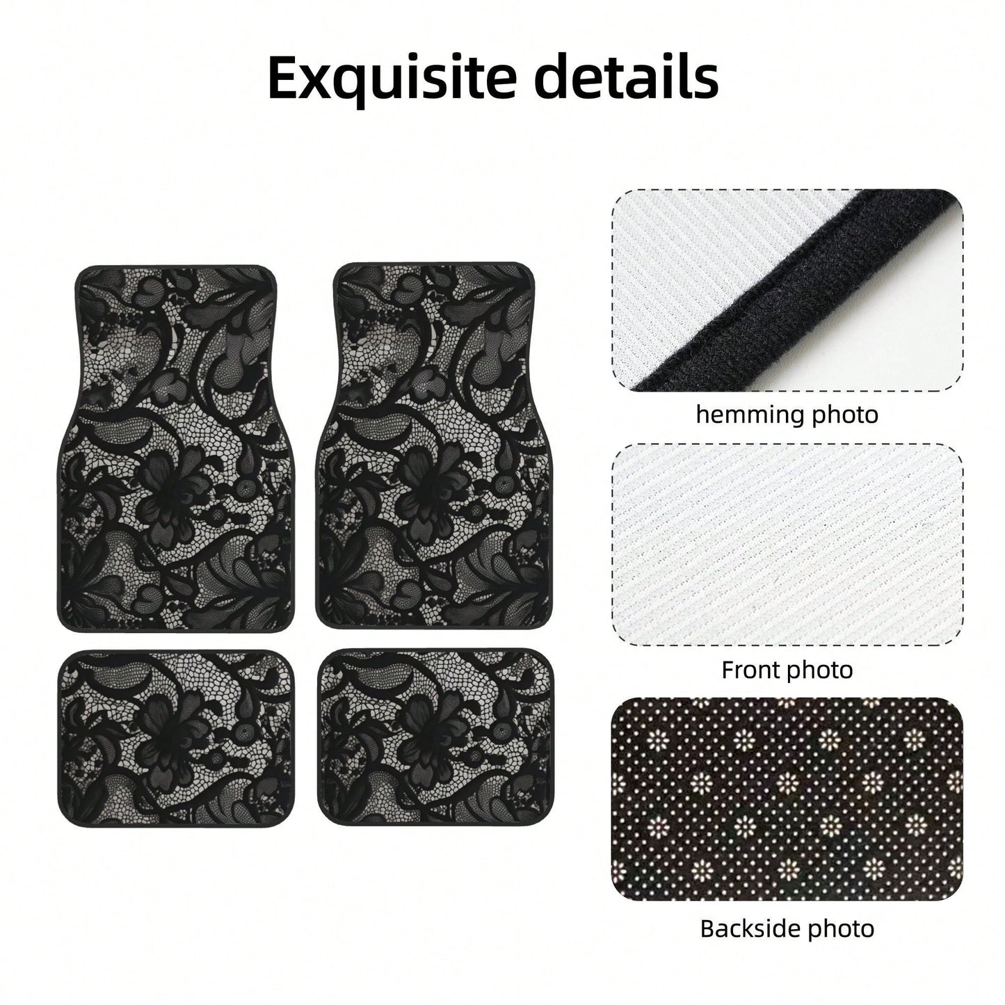 4pcs Black Lace Pattern Car Floor Mats| Stylish, Easy To Clean, Universal Fit For All Vehicle Models, Durable Polyester Fiber, Long Lasting Protection, Enhances Driving Pleasure, Perfect Gift For