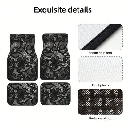 4pcs Black Lace Pattern Car Floor Mats| Stylish, Easy To Clean, Universal Fit For All Vehicle Models, Durable Polyester Fiber, Long Lasting Protection, Enhances Driving Pleasure, Perfect Gift For