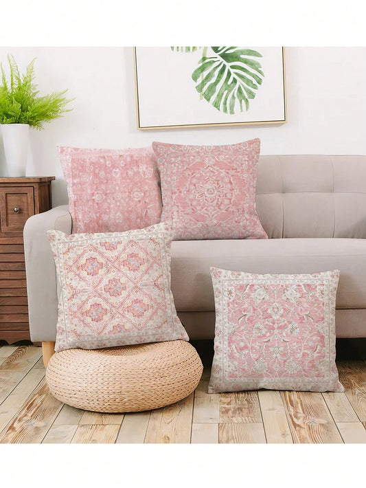 4pcs Bohemian Vintage Style Polyester Short Plush Cushion Cover, Sofa Pillowcase