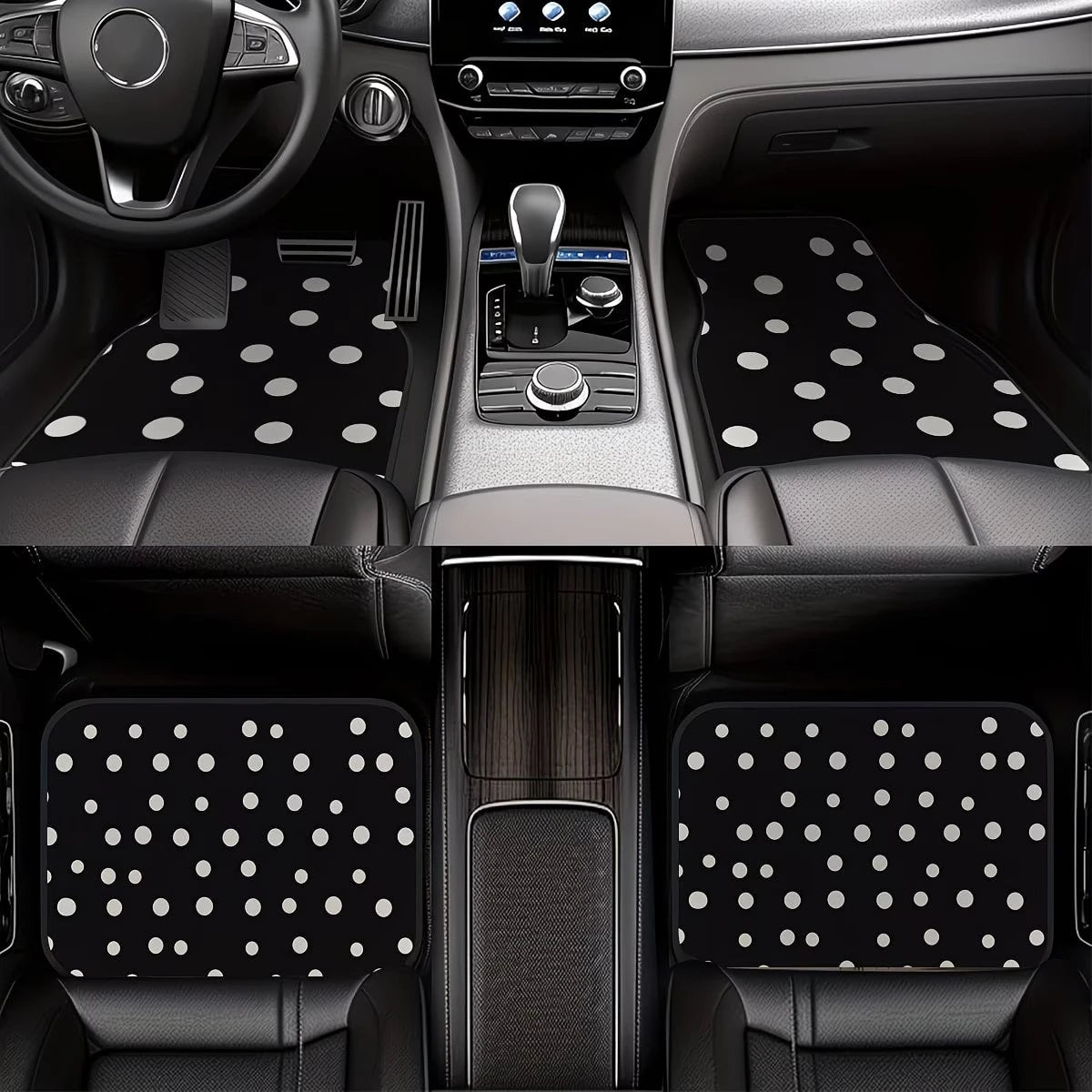 4pcs Car Floor Mats, Black & White Polka Dot Design, Made Of Polyester Fiber, All-Weather Applicable, Suitable For Trucks, Sedans And SUVs Interior Accessories, Ideal Gift For Car Enthusiasts