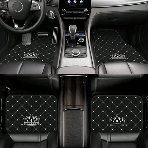 4pcs Car Floor Mats- Crown Printed Carpets, Non-Leather Material, Universal Fit Polyester Fiber Front & Rear Seat Car Mats- Suitable For Sedans, Coupes, SUVs, All-Weather Vehicle Interior Decors, Ca