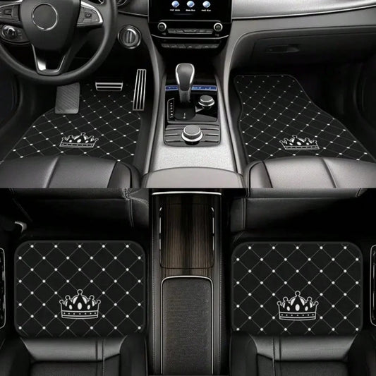 4pcs Car Floor Mats- Crown Printed Carpets, Non-Leather Material, Universal Fit Polyester Fiber Front & Rear Seat Car Mats- Suitable For Sedans, Coupes, SUVs, All-Weather Vehicle Interior Decors, Ca