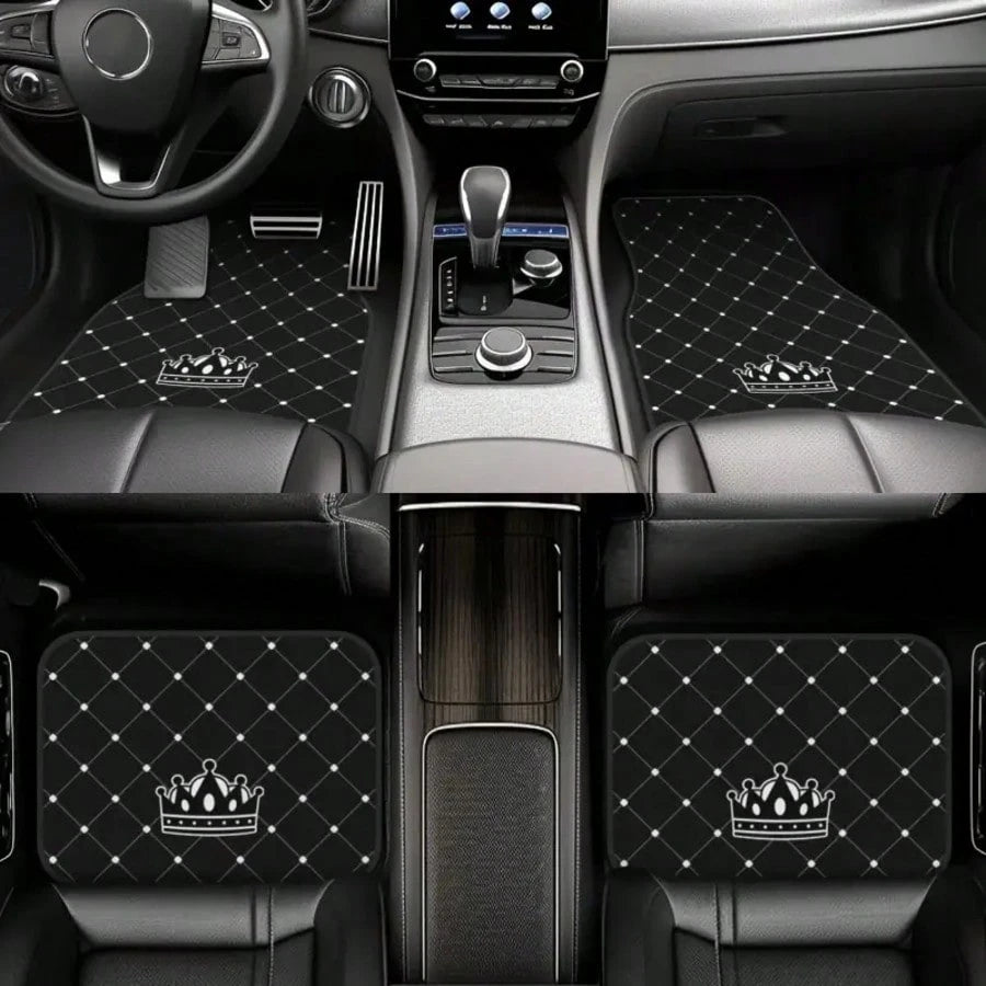 4pcs Car Floor Mats- Crown Printed Carpets, Non-Leather Material, Universal Fit Polyester Fiber Front & Rear Seat Car Mats- Suitable For Sedans, Coupes, SUVs, All-Weather Vehicle Interior Decors, Ca
