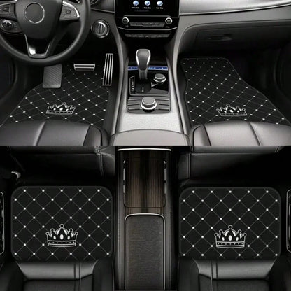 4pcs Car Floor Mats- Crown Printed Carpets, Non-Leather Material, Universal Fit Polyester Fiber Front & Rear Seat Car Mats- Suitable For Sedans, Coupes, SUVs, All-Weather Vehicle Interior Decors, Ca
