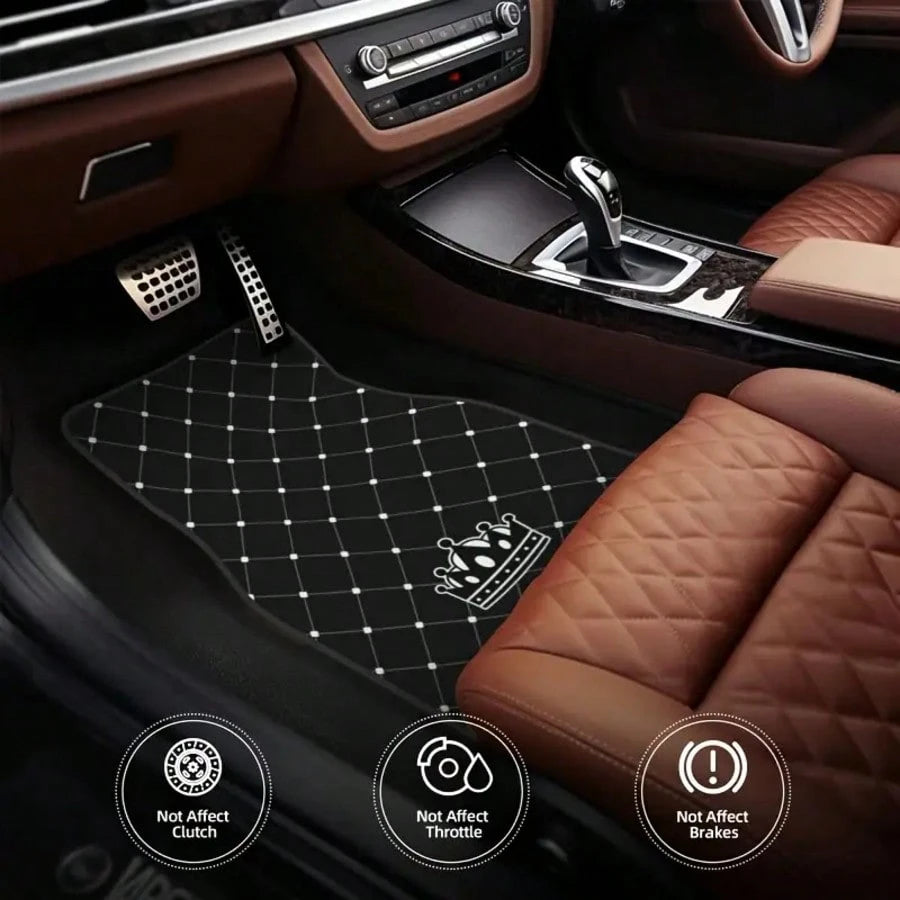 4pcs Car Floor Mats- Crown Printed Carpets, Non-Leather Material, Universal Fit Polyester Fiber Front & Rear Seat Car Mats- Suitable For Sedans, Coupes, SUVs, All-Weather Vehicle Interior Decors, Ca