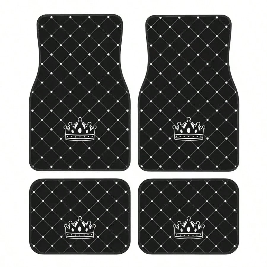 4pcs Car Floor Mats- Crown Printed Carpets, Non-Leather Material, Universal Fit Polyester Fiber Front & Rear Seat Car Mats- Suitable For Sedans, Coupes, SUVs, All-Weather Vehicle Interior Decors, Ca