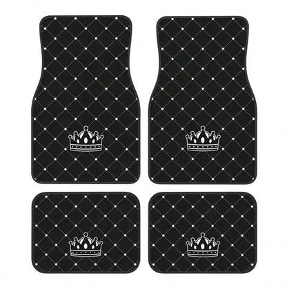 4pcs Car Floor Mats- Crown Printed Carpets, Non-Leather Material, Universal Fit Polyester Fiber Front & Rear Seat Car Mats- Suitable For Sedans, Coupes, SUVs, All-Weather Vehicle Interior Decors, Ca