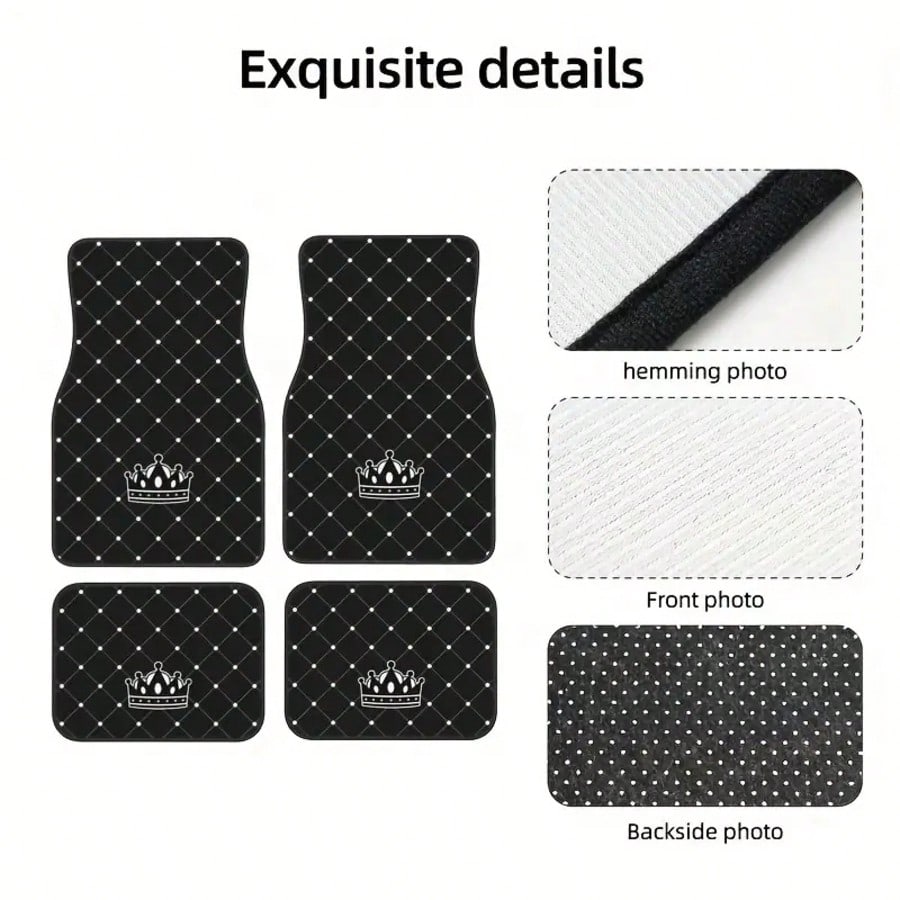 4pcs Car Floor Mats- Crown Printed Carpets, Non-Leather Material, Universal Fit Polyester Fiber Front & Rear Seat Car Mats- Suitable For Sedans, Coupes, SUVs, All-Weather Vehicle Interior Decors, Ca