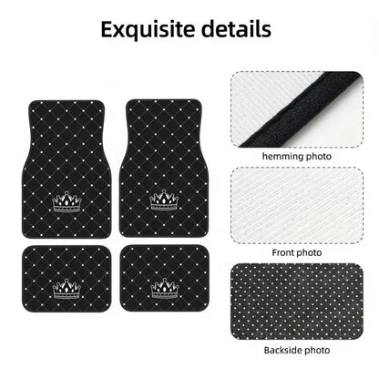 4pcs Car Floor Mats- Crown Printed Carpets, Non-Leather Material, Universal Fit Polyester Fiber Front & Rear Seat Car Mats- Suitable For Sedans, Coupes, SUVs, All-Weather Vehicle Interior Decors, Ca