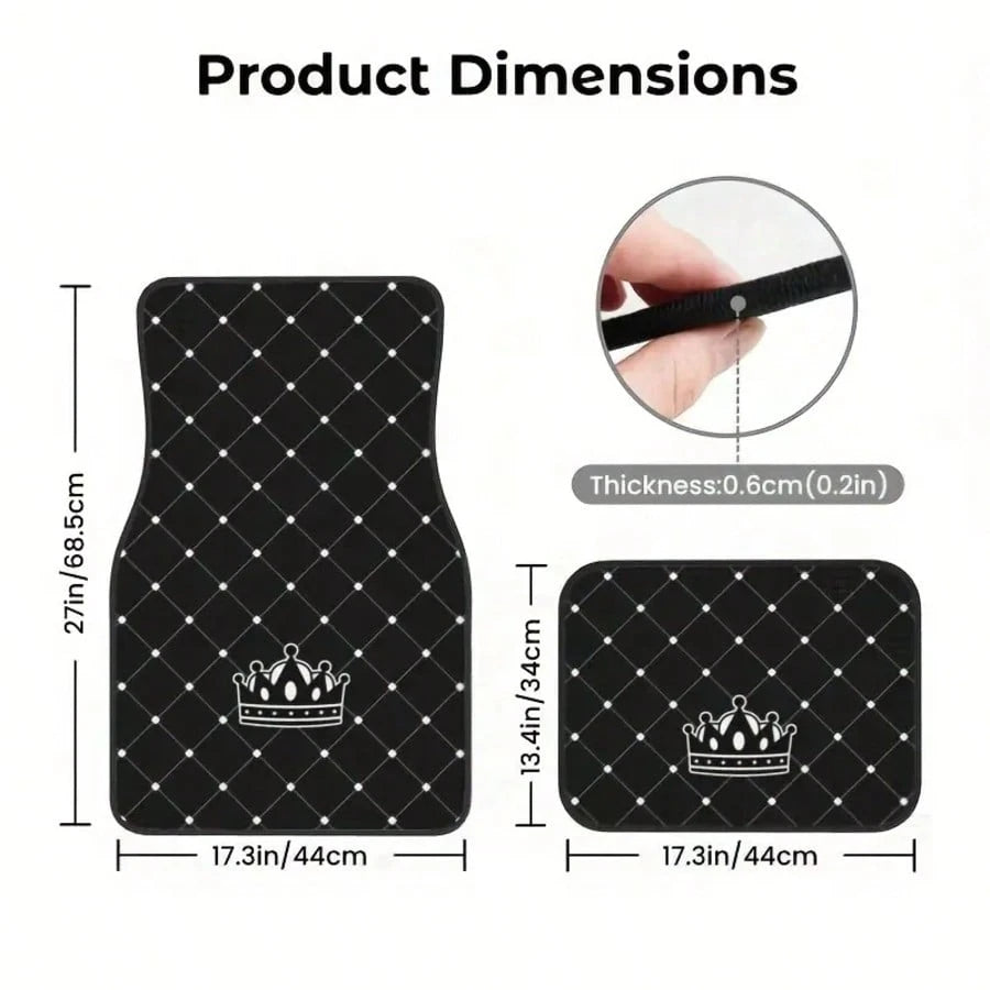 4pcs Car Floor Mats- Crown Printed Carpets, Non-Leather Material, Universal Fit Polyester Fiber Front & Rear Seat Car Mats- Suitable For Sedans, Coupes, SUVs, All-Weather Vehicle Interior Decors, Ca