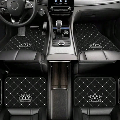 4pcs Car Floor Mats- Crown Printed Carpets, Non-Leather Material, Universal Fit Polyester Fiber Front & Rear Seat Car Mats- Suitable For Sedans, Coupes, SUVs, All-Weather Vehicle Interior Decors, Ca
