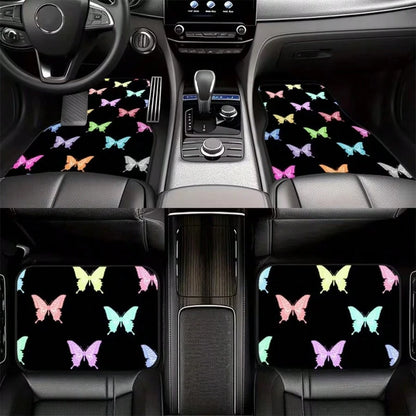 4pcs Colorful Butterfly Printed Car Floor Mats, Durable Polyester, Suitable For Trucks And SUVs, Ideal Gift, Car Interior Decor, Fun Design, Wear-Resistant And Anti-Slip, Perfect Gift For Halloween, C