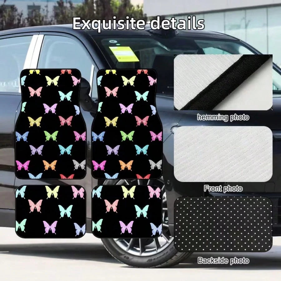 4pcs Colorful Butterfly Printed Car Floor Mats, Durable Polyester, Suitable For Trucks And SUVs, Ideal Gift, Car Interior Decor, Fun Design, Wear-Resistant And Anti-Slip, Perfect Gift For Halloween, C