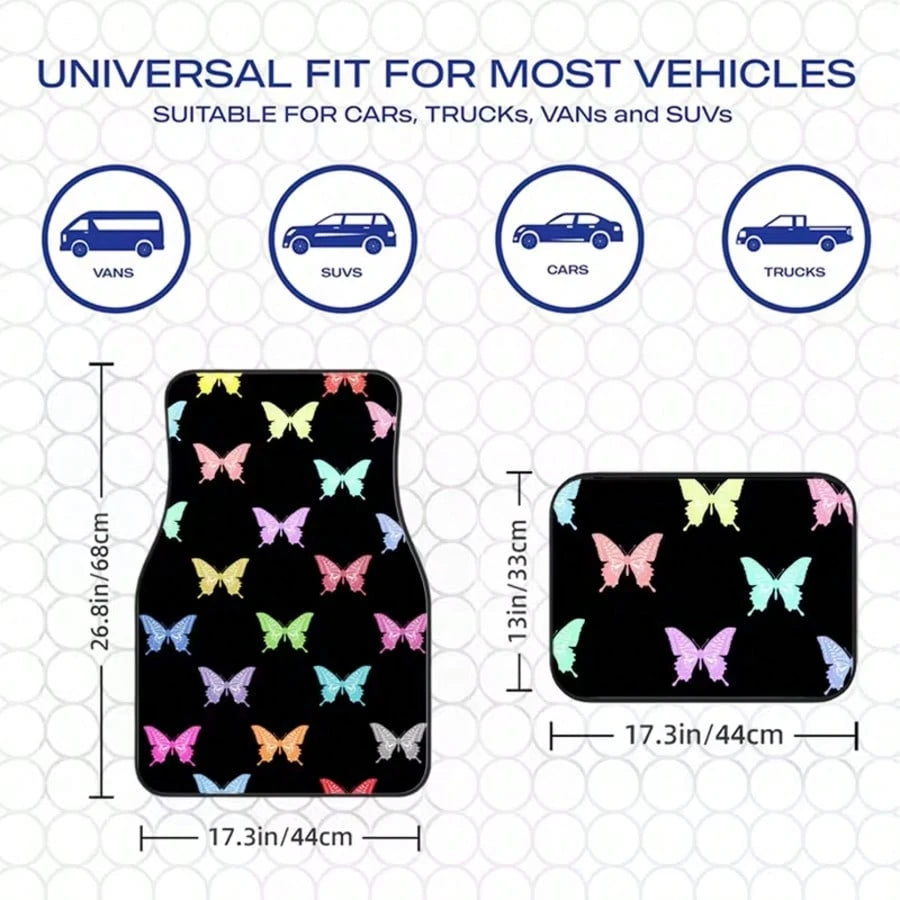 4pcs Colorful Butterfly Printed Car Floor Mats, Durable Polyester, Suitable For Trucks And SUVs, Ideal Gift, Car Interior Decor, Fun Design, Wear-Resistant And Anti-Slip, Perfect Gift For Halloween, C