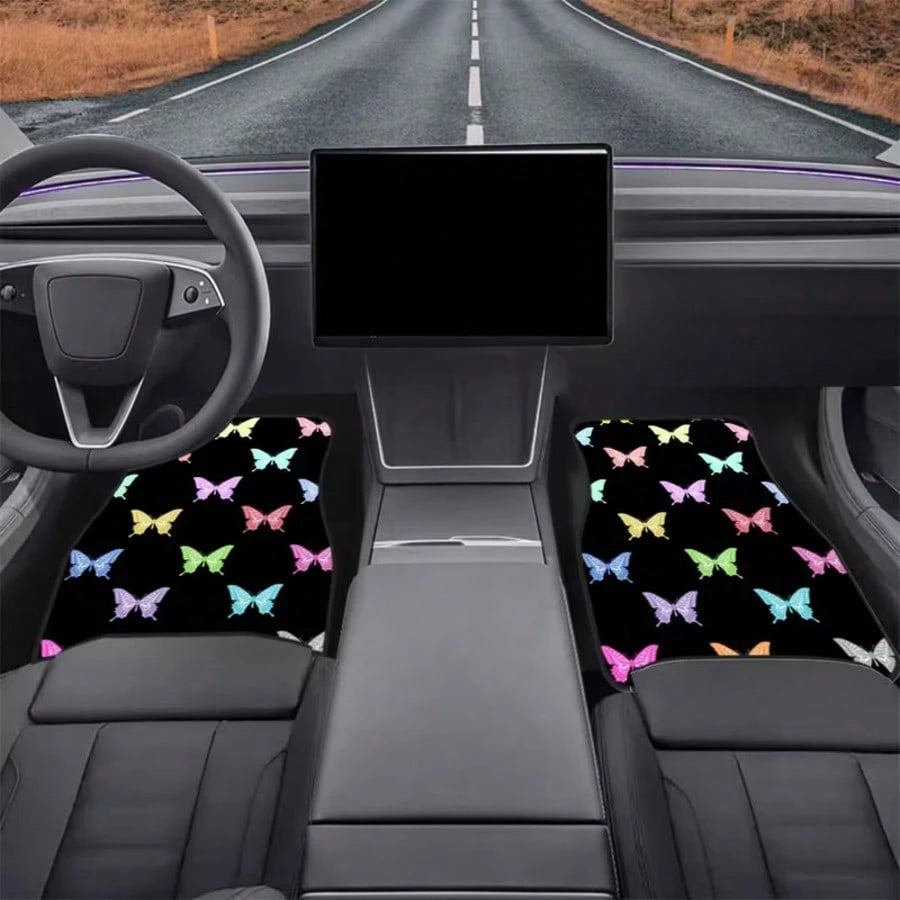 4pcs Colorful Butterfly Printed Car Floor Mats, Durable Polyester, Suitable For Trucks And SUVs, Ideal Gift, Car Interior Decor, Fun Design, Wear-Resistant And Anti-Slip, Perfect Gift For Halloween, C