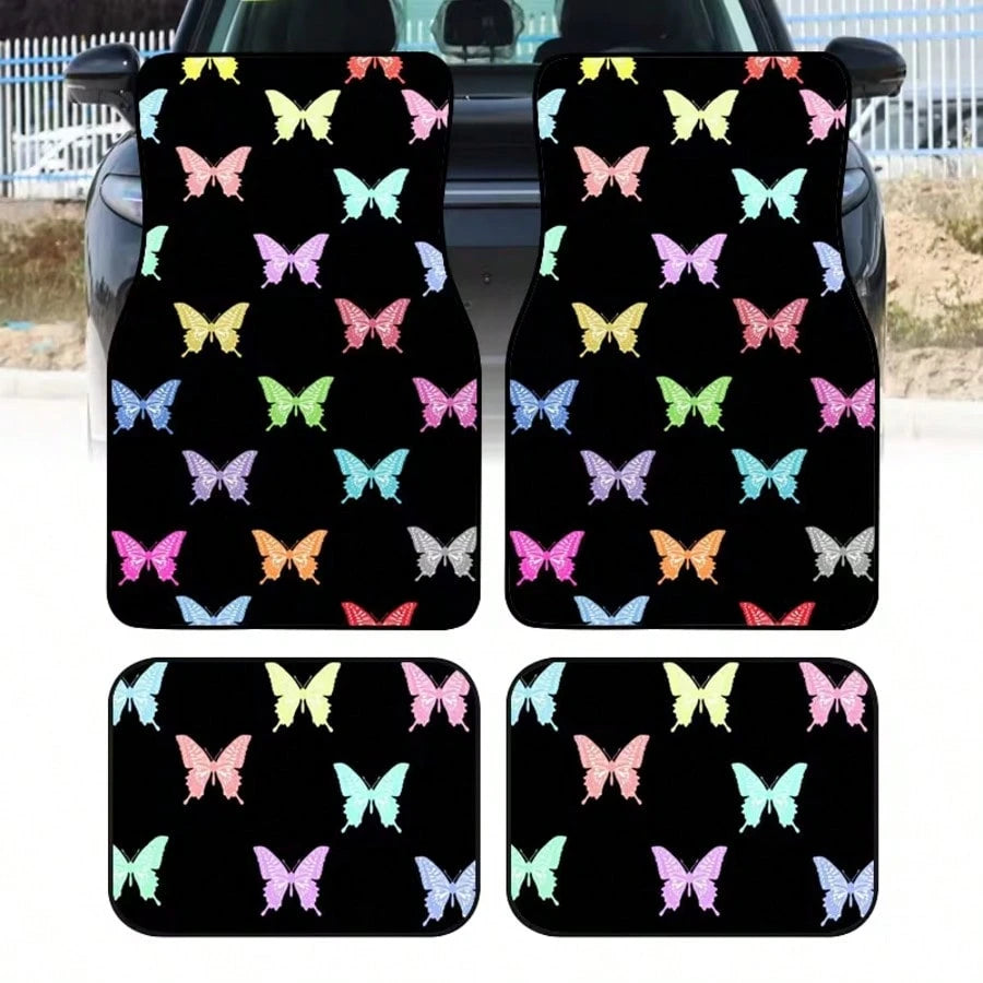 4pcs Colorful Butterfly Printed Car Floor Mats, Durable Polyester, Suitable For Trucks And SUVs, Ideal Gift, Car Interior Decor, Fun Design, Wear-Resistant And Anti-Slip, Perfect Gift For Halloween, C