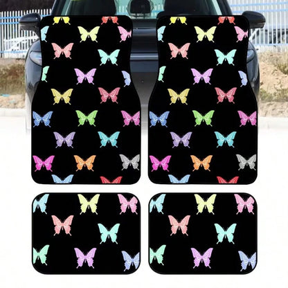 4pcs Colorful Butterfly Printed Car Floor Mats, Durable Polyester, Suitable For Trucks And SUVs, Ideal Gift, Car Interior Decor, Fun Design, Wear-Resistant And Anti-Slip, Perfect Gift For Halloween, C