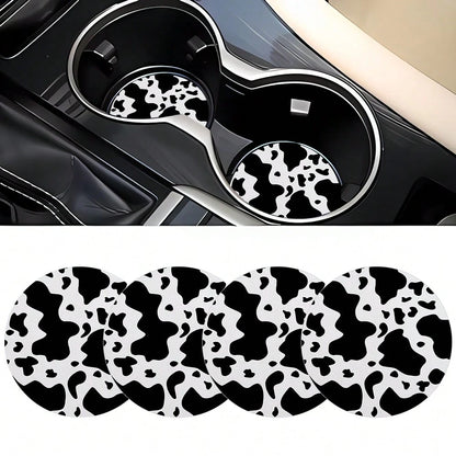 4PCS Cow Pattern Car Accessories Coaster 2.75-Inch Car Interior Coaster Fashionable Decoration Water Cup Mat, PU Leather Car Decoration Water Cup Mat, Beverage Mat Beautiful Coaster, Gift For Family A