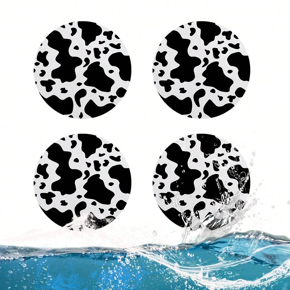 4PCS Cow Pattern Car Accessories Coaster 2.75-Inch Car Interior Coaster Fashionable Decoration Water Cup Mat, PU Leather Car Decoration Water Cup Mat, Beverage Mat Beautiful Coaster, Gift For Family A