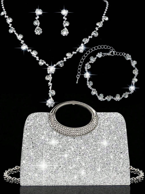 4pcs Crystal Jewelry Set, Including Necklace, Earrings And Bracelet, With Luxury Sparkling Crystal Clutch Bag, Suitable For Formal Evening Dress, Party, Birthday, Wedding, Perfect Match For Bridal Par