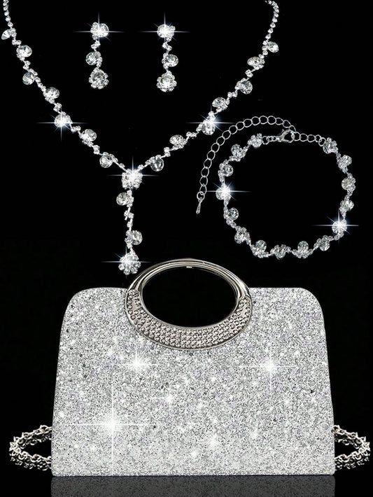 4pcs Crystal Jewelry Set, Including Necklace, Earrings And Bracelet, With Luxury Sparkling Crystal Clutch Bag, Suitable For Formal Evening Dress, Party, Birthday, Wedding, Perfect Match For Bridal Par