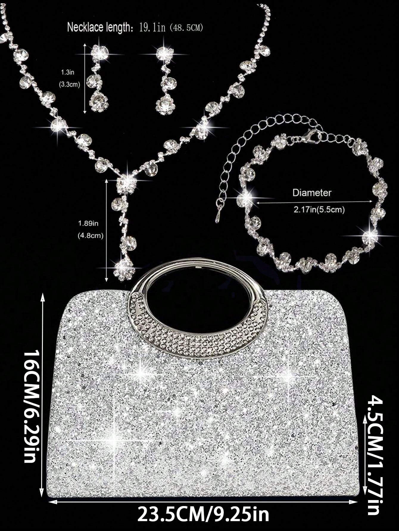 4pcs Crystal Jewelry Set, Including Necklace, Earrings And Bracelet, With Luxury Sparkling Crystal Clutch Bag, Suitable For Formal Evening Dress, Party, Birthday, Wedding, Perfect Match For Bridal Par