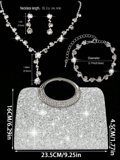 4pcs Crystal Jewelry Set, Including Necklace, Earrings And Bracelet, With Luxury Sparkling Crystal Clutch Bag, Suitable For Formal Evening Dress, Party, Birthday, Wedding, Perfect Match For Bridal Par