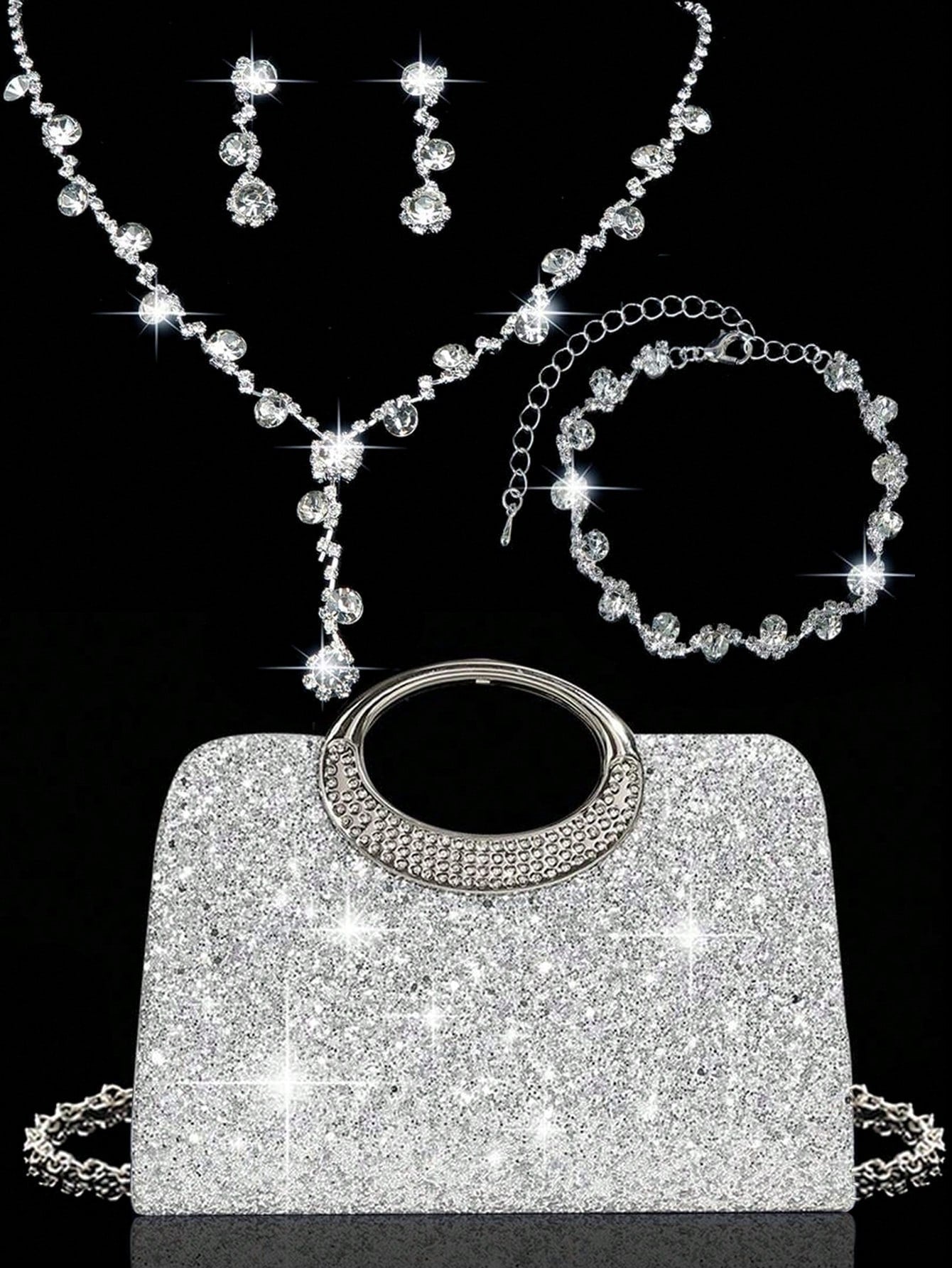 4pcs Crystal Jewelry Set, Including Necklace, Earrings And Bracelet, With Luxury Sparkling Crystal Clutch Bag, Suitable For Formal Evening Dress, Party, Birthday, Wedding, Perfect Match For Bridal Par