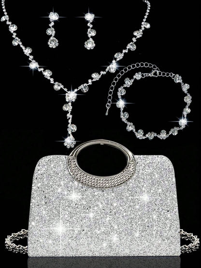 4pcs Crystal Jewelry Set, Including Necklace, Earrings And Bracelet, With Luxury Sparkling Crystal Clutch Bag, Suitable For Formal Evening Dress, Party, Birthday, Wedding, Perfect Match For Bridal Par