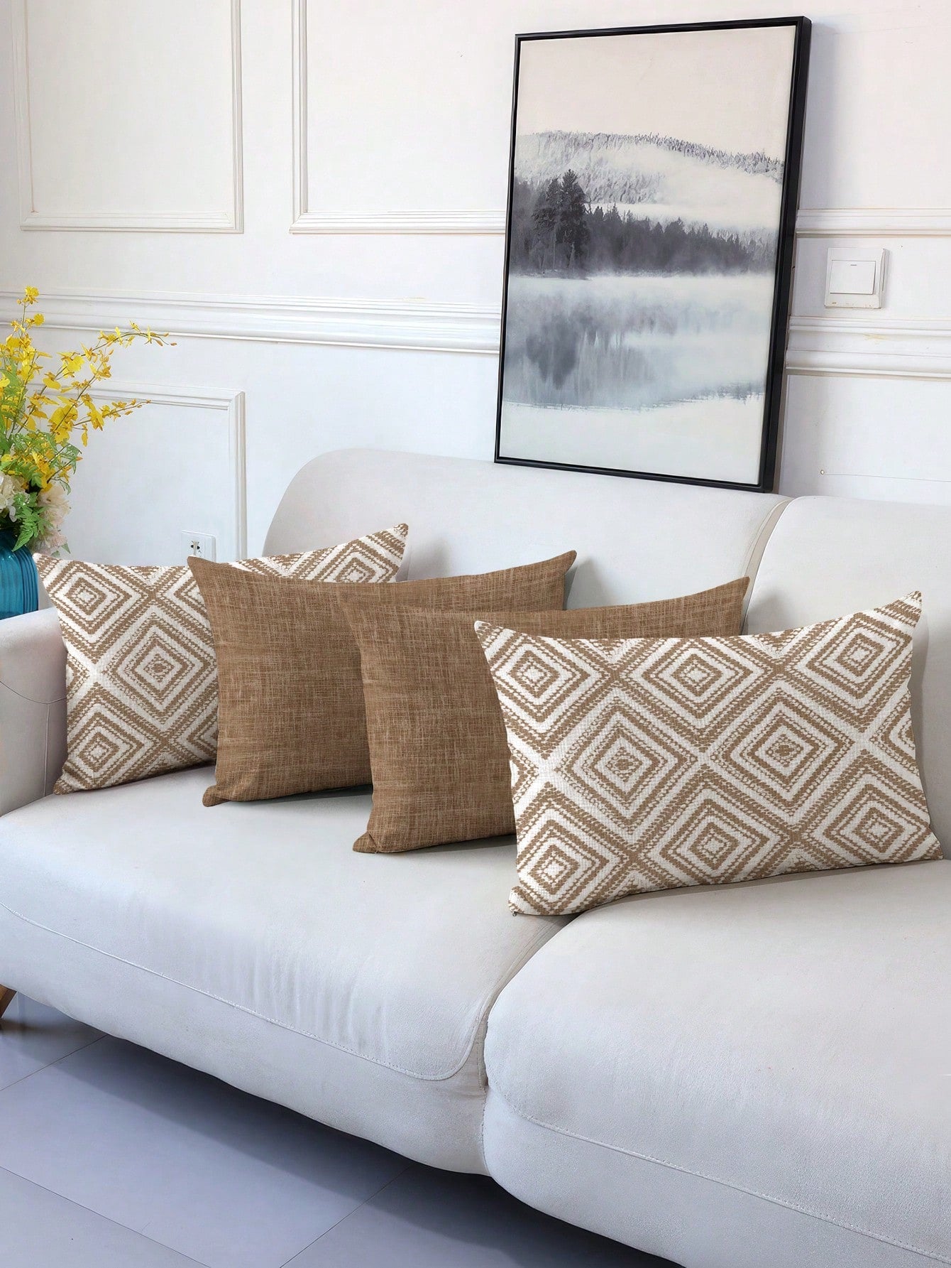 4pcs Decorative Throw Pillow Covers, Geometric Pattern, 100% Hypoallergenic Polyester Fiber Cushion Covers, Vintage Linen Material, Hidden Zipper, Machine Washable, Minimalist Stylish Line Design, Zip