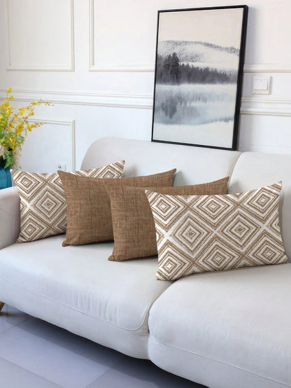 4pcs Decorative Throw Pillow Covers, Geometric Pattern, 100% Hypoallergenic Polyester Fiber Cushion Covers, Vintage Linen Material, Hidden Zipper, Machine Washable, Minimalist Stylish Line Design, Zip